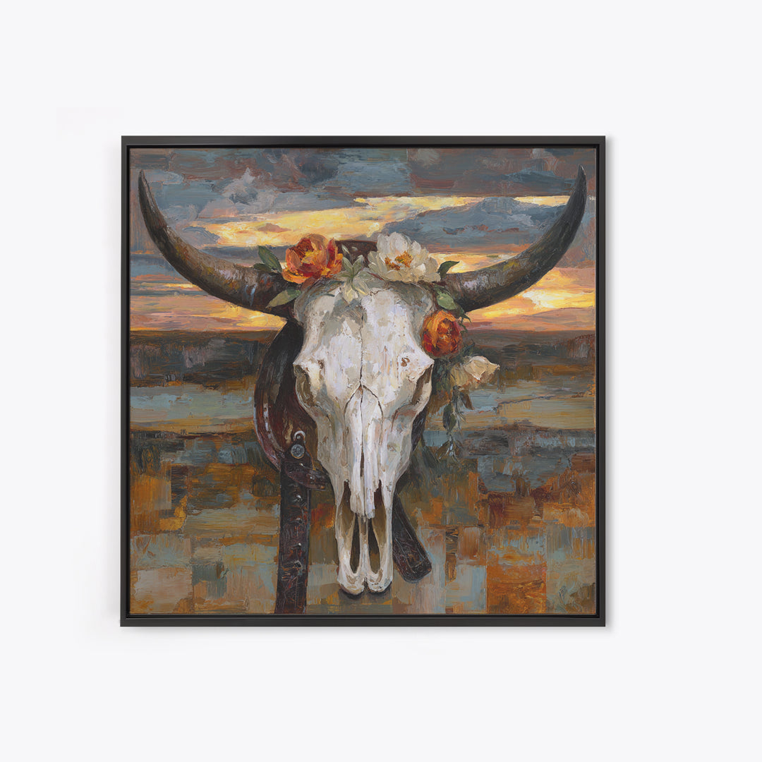 Longhorn Skull with Desert Flowers Framed Canvas Print, Western Art, Cowboy Art, Southwestern Decor, Oil Painting, Frontier, WES-1x1-27