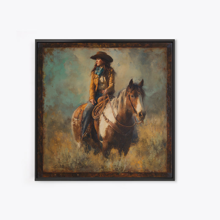 Cowgirl Portrait with Turquoise Jewelry Canvas Print, Western Art, Desert Art, Southwestern Decor, Oil Painting, Frontier, WES-1x1-30