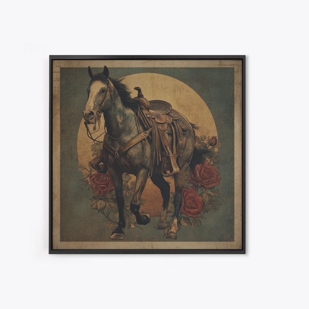 Old Revolver and Roses Framed Canvas Print, Western Art, Native American Art, Southwestern Decor, Oil Painting, Frontier, WES-1x1-43