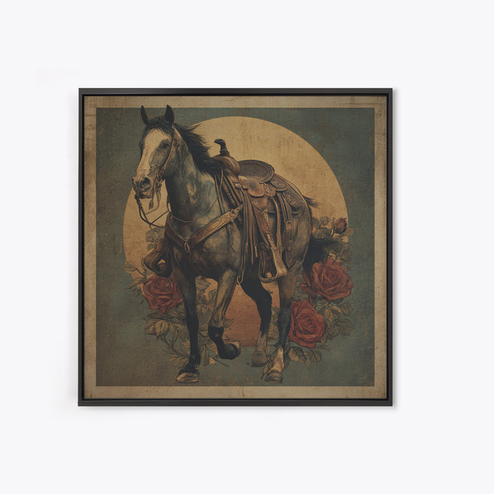 Old Revolver and Roses Framed Canvas Print, Western Art, Native American Art, Southwestern Decor, Oil Painting, Frontier, WES-1x1-43