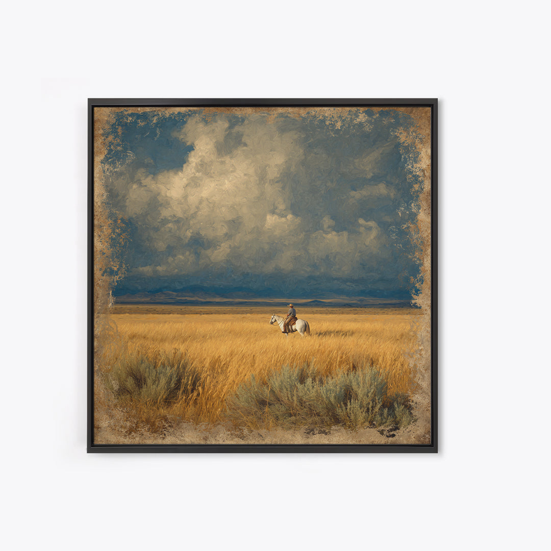 Golden Wheat Field Framed Canvas Print, Western Art, Wall Decor, Southwestern Decor, Fine Art, Frontier, Landscape Painting, WES-1x1-48