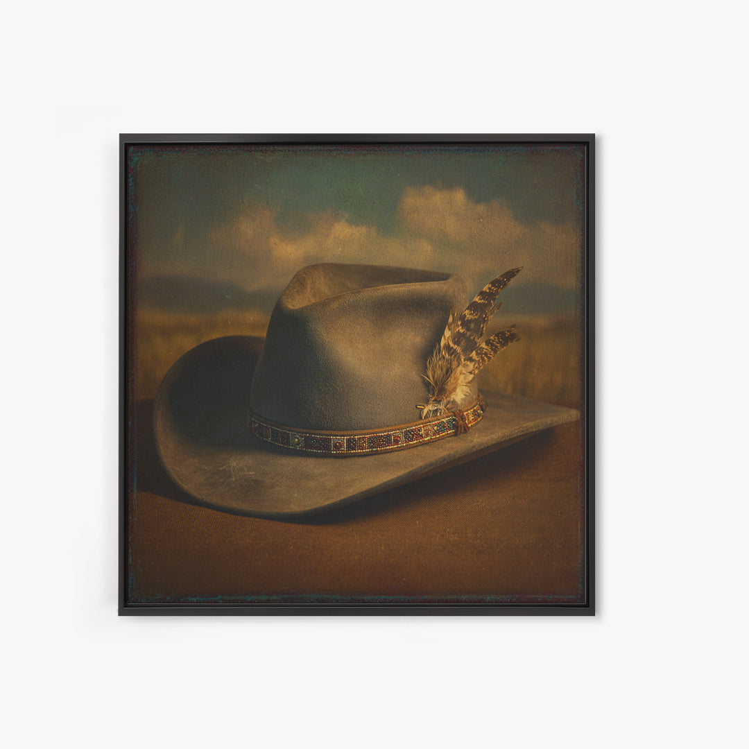 Cowboy Hat with Feathers and Beads Framed Canvas Print, Western Art, Western Print, Southwestern Decor, Fine Art, Frontier, WES-1x1-70
