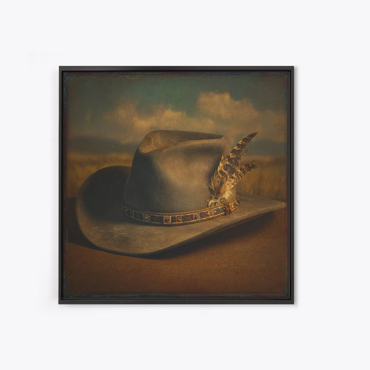 Cowboy Hat with Feathers and Beads Framed Canvas Print, Western Art, Western Print, Southwestern Decor, Fine Art, Frontier, WES-1x1-70