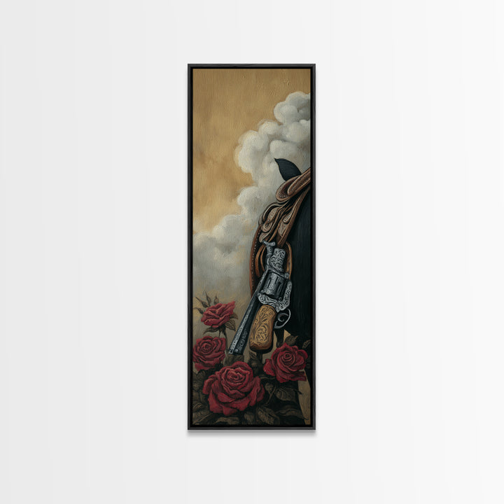 Old Revolver and Roses Framed Canvas Print, Western Art, Western Print, Southwestern Decor, Fine Art, Frontier, WES-1x3-79