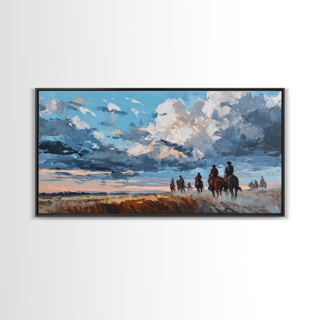 Cowboy Campfire under Starry Sky Framed Canvas Print, Western Art, Contemporary Art, Southwestern Decor, Fine Art, Frontier, WES-2x1-10
