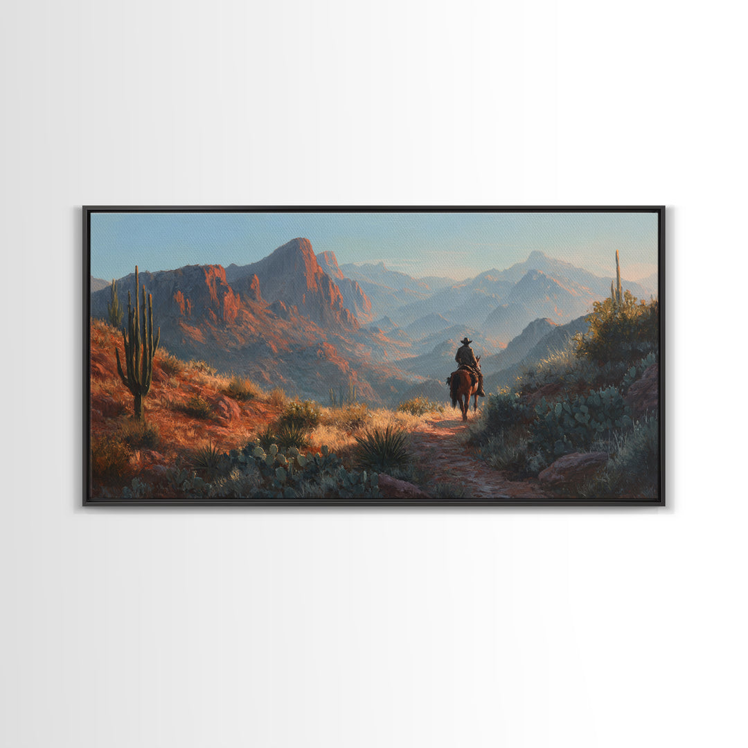 Cactus and Red Rock Canyon Landscape Framed Canvas Print, Western Art, Original Art, Southwestern Decor, Oil Painting, Frontier, WES-2x1-25