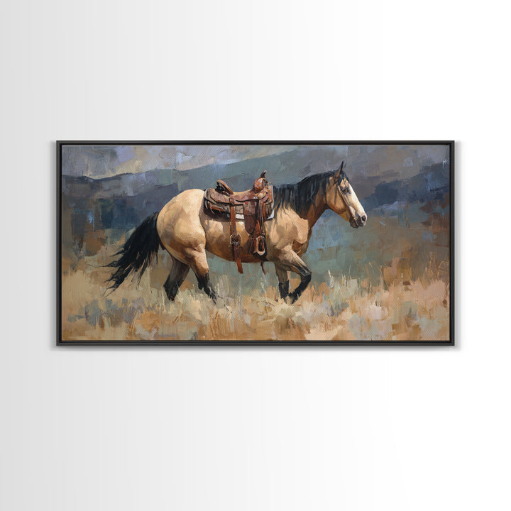 Buckskin Horse in Golden Prairie Light Framed Canvas Print, Western Art, Boho Decor, Southwestern Decor, Oil Painting, Frontier, WES-2x1-27