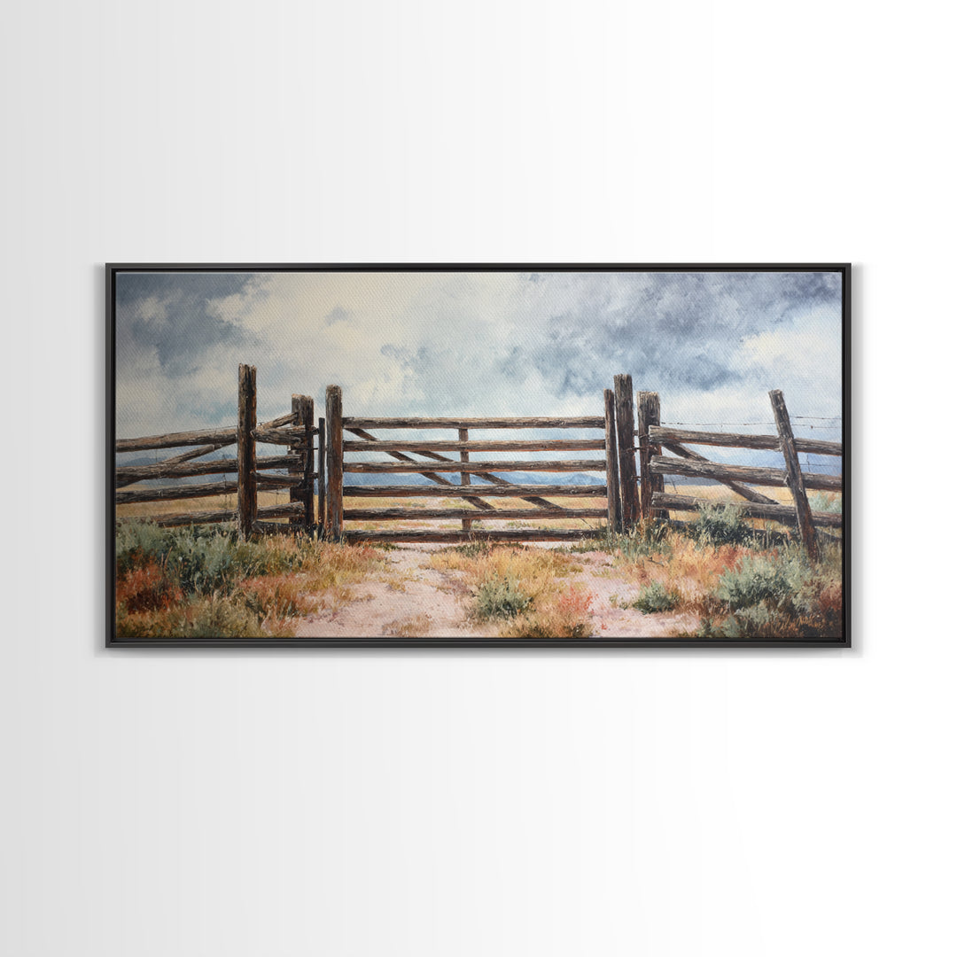 Sun Bleached Ranch Gate Framed Canvas Print, Western Art, Wall Art, Southwestern Decor, Watercolor Art, Frontier, WES-2x1-35
