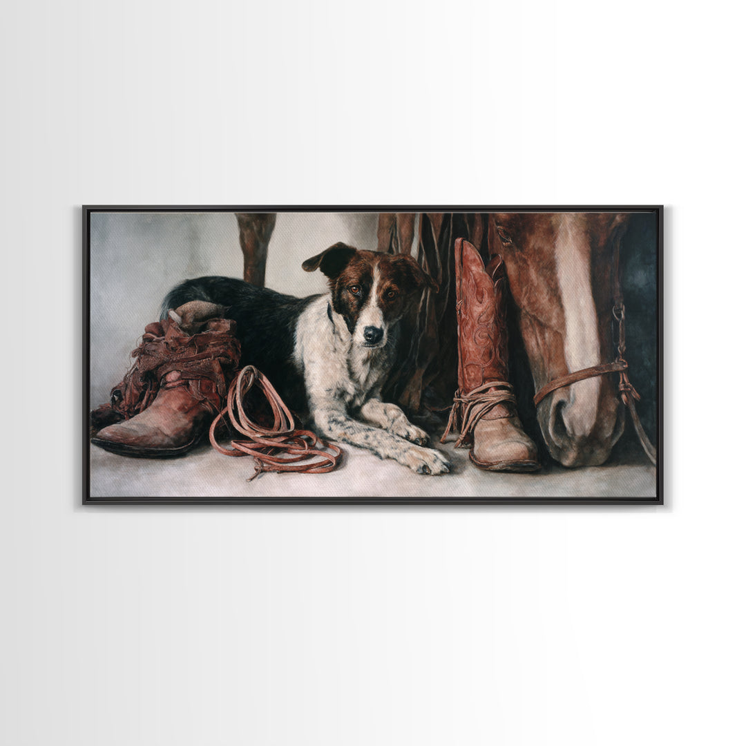 Ranch Dog Beside Worn Boots Canvas Print, Western Art, Printable Wall Art, Southwestern Decor, Frontier, Downloadable Art, WES-2x1-41