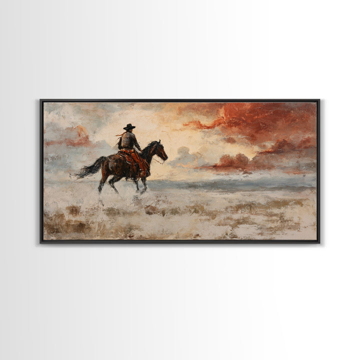 Cowboy Riding Across Dusty Sunset Plains Framed Canvas Print, Western Art, Western Decor, Southwestern Decor, Frontier, WES-2x1-45