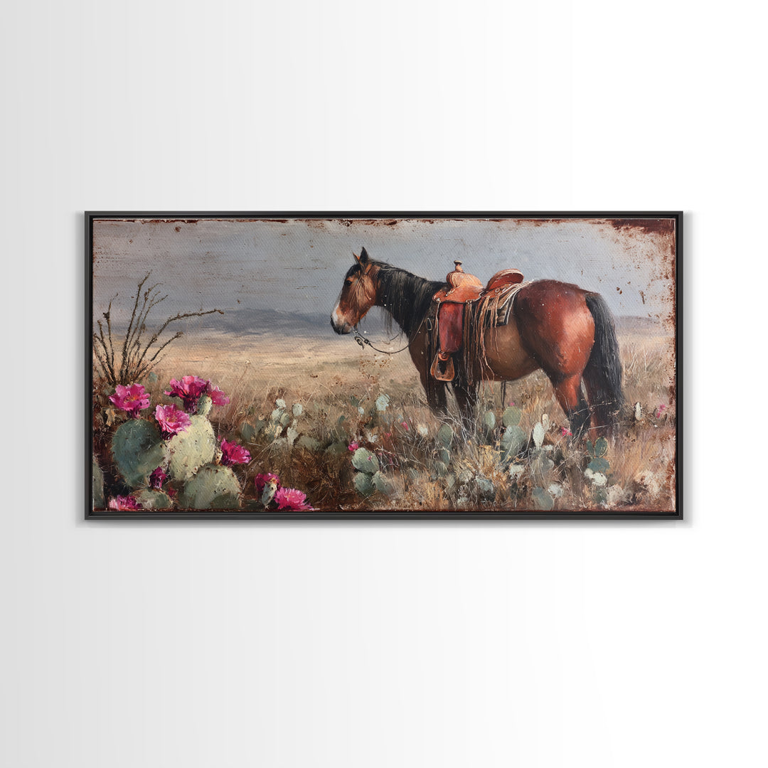 Prickly Pear Cactus Framed Canvas Print, Western Art, Oil Painting, Southwestern Decor, Frontier, Digital Download Art, WES-2x1-60