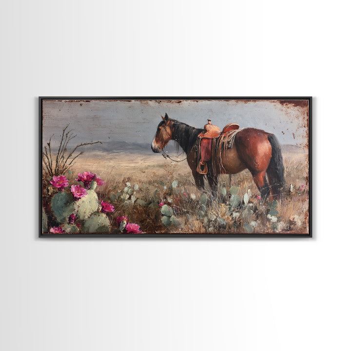 Prickly Pear Cactus Framed Canvas Print, Western Art, Oil Painting, Southwestern Decor, Frontier, Digital Download Art, WES-2x1-60
