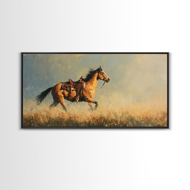 Buckskin Horse in Golden Prairie Light Framed Canvas Print, Western Art, Room Decor, Southwestern Decor, Fine Art, Frontier, WES-2x1-75