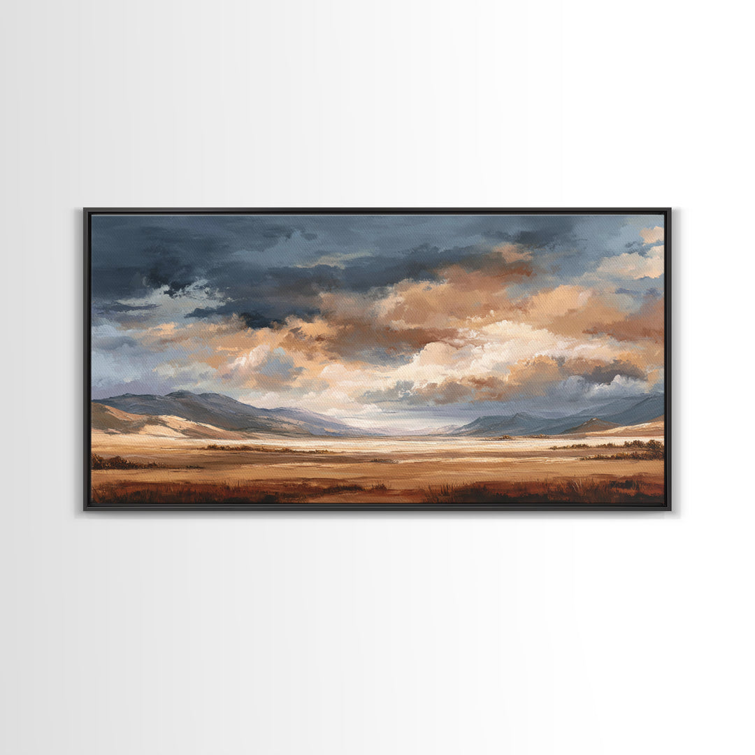 Wagon Wheel and Desert Sunset Framed Canvas Print, Western Art, Minimalist Wall Art, Southwestern Decor, Fine Art, Frontier, WES-2x1-88
