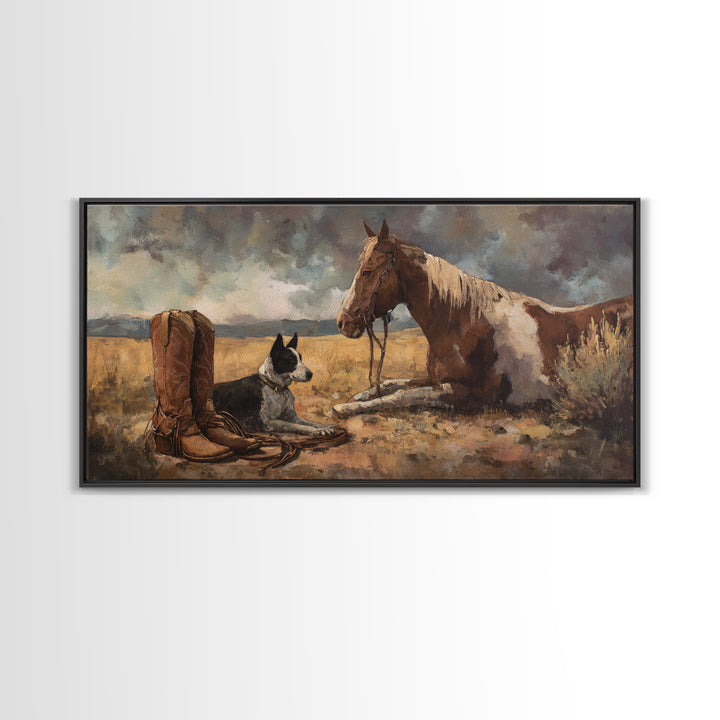 Ranch Dog Beside Worn Boots Canvas Print, Western Art, Cowboy Art, Southwestern Decor, Fine Art, Frontier, Rustic Wall Art, WES-2x1-89
