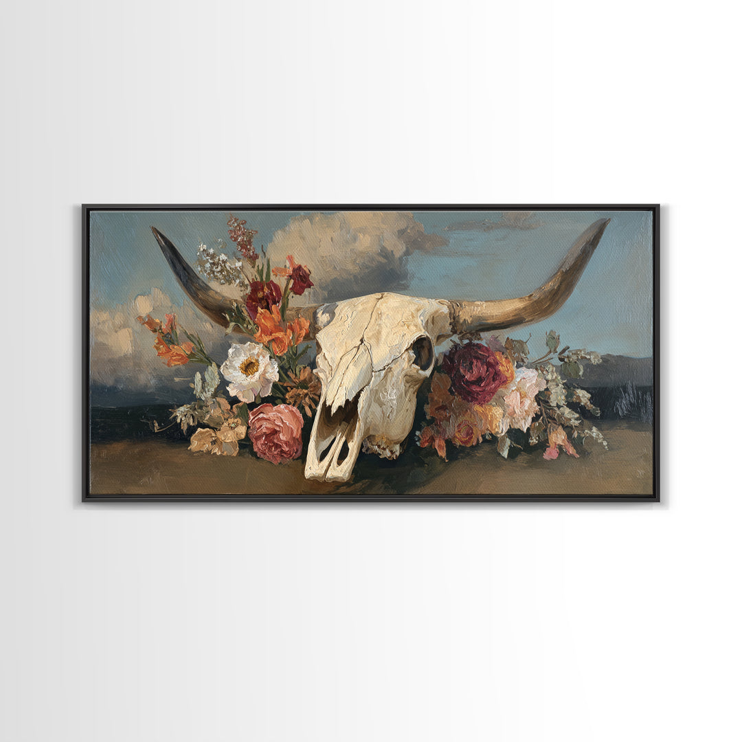 Longhorn Skull with Desert Flowers Framed Canvas Print, Western Art, Neutral Decor, Southwestern Decor, Oil Painting, Frontier, WES-2x1-95