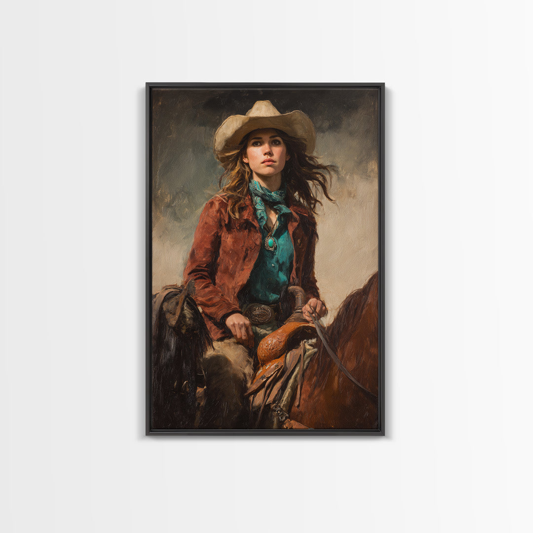Cowgirl Portrait with Turquoise Jewelry Canvas Print, Western Art, Wall Art, Southwestern Decor, Oil Painting, Frontier, WES-2x3-14