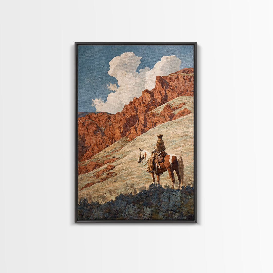 Eagle Flying Above Mountain Ridge Framed Canvas Print, Western Art, Oil Painting, Southwestern Decor, Fine Art, Frontier, WES-2x3-21