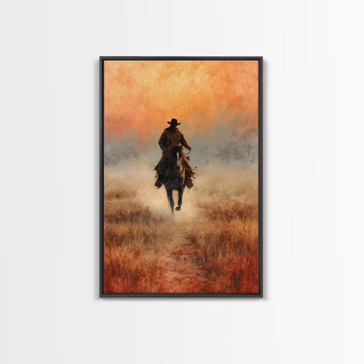 Cowboy Riding Across Dusty Sunset Plains Canvas Print, Western Art, Landscape Painting, Southwestern Decor, Frontier, WES-2x3-33