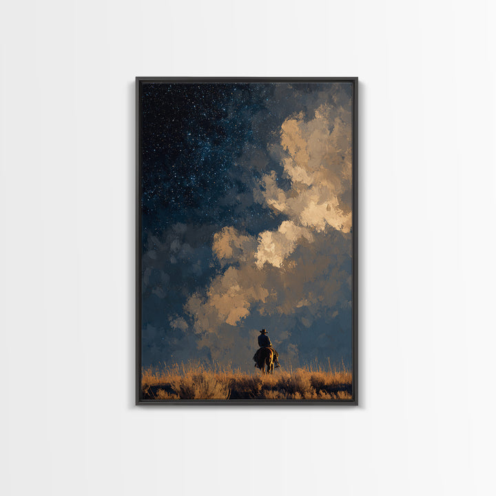 Cowboy Campfire under Starry Sky Framed Canvas Print, Western Art, Art, Southwestern Decor, Frontier, Western Wall Art, WES-2x3-46
