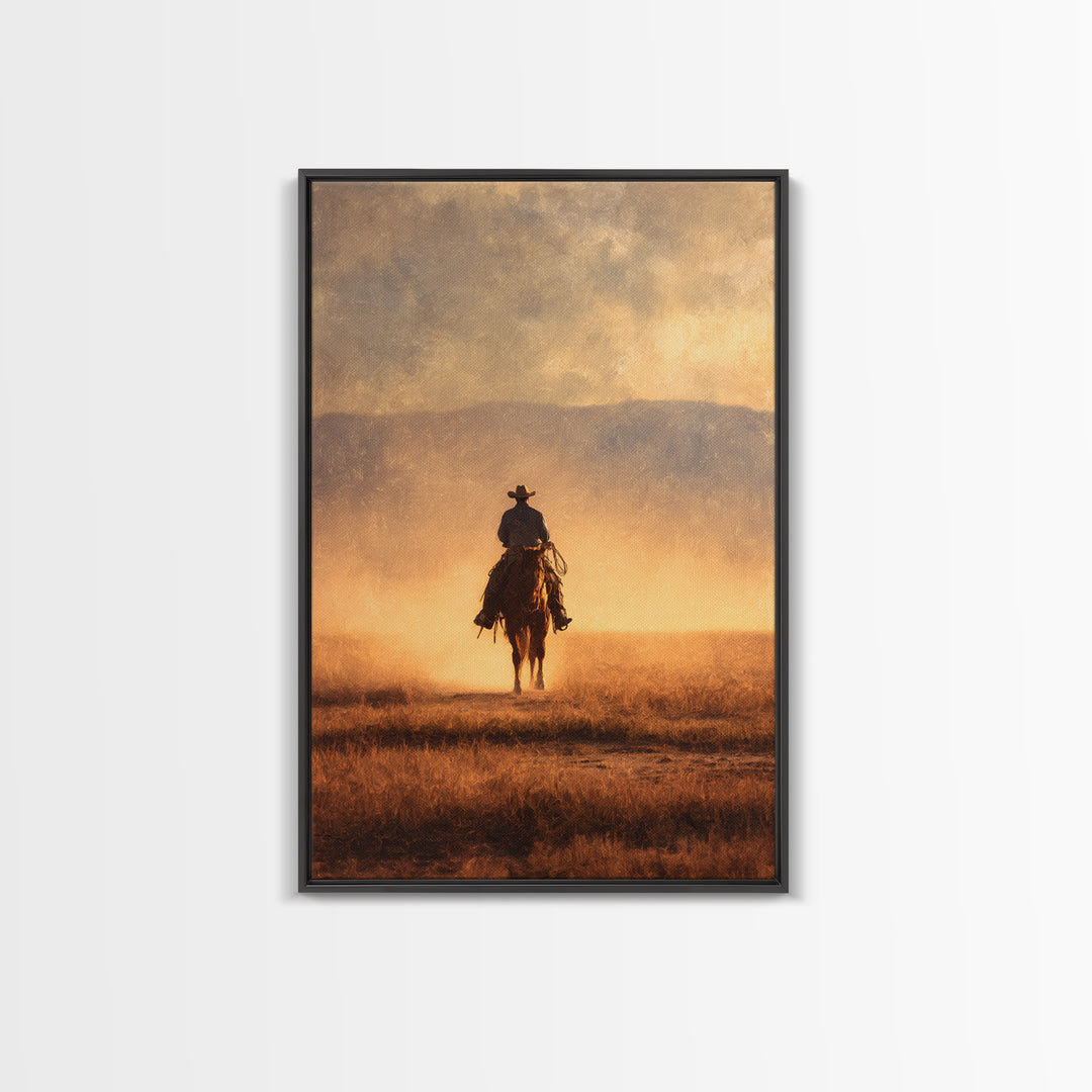 Cowboy Riding Across Dusty Sunset Plains Canvas Print, Western Art, Native American Art, Southwestern Decor, Oil Painting, WES-2x3-57