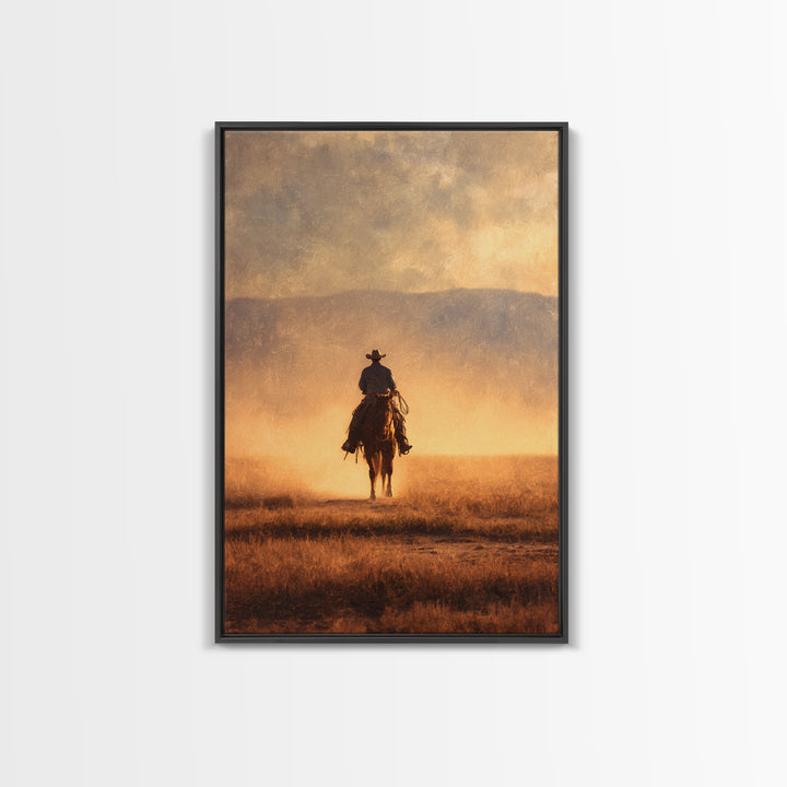 Cowboy Riding Across Dusty Sunset Plains Canvas Print, Western Art, Native American Art, Southwestern Decor, Oil Painting, WES-2x3-57