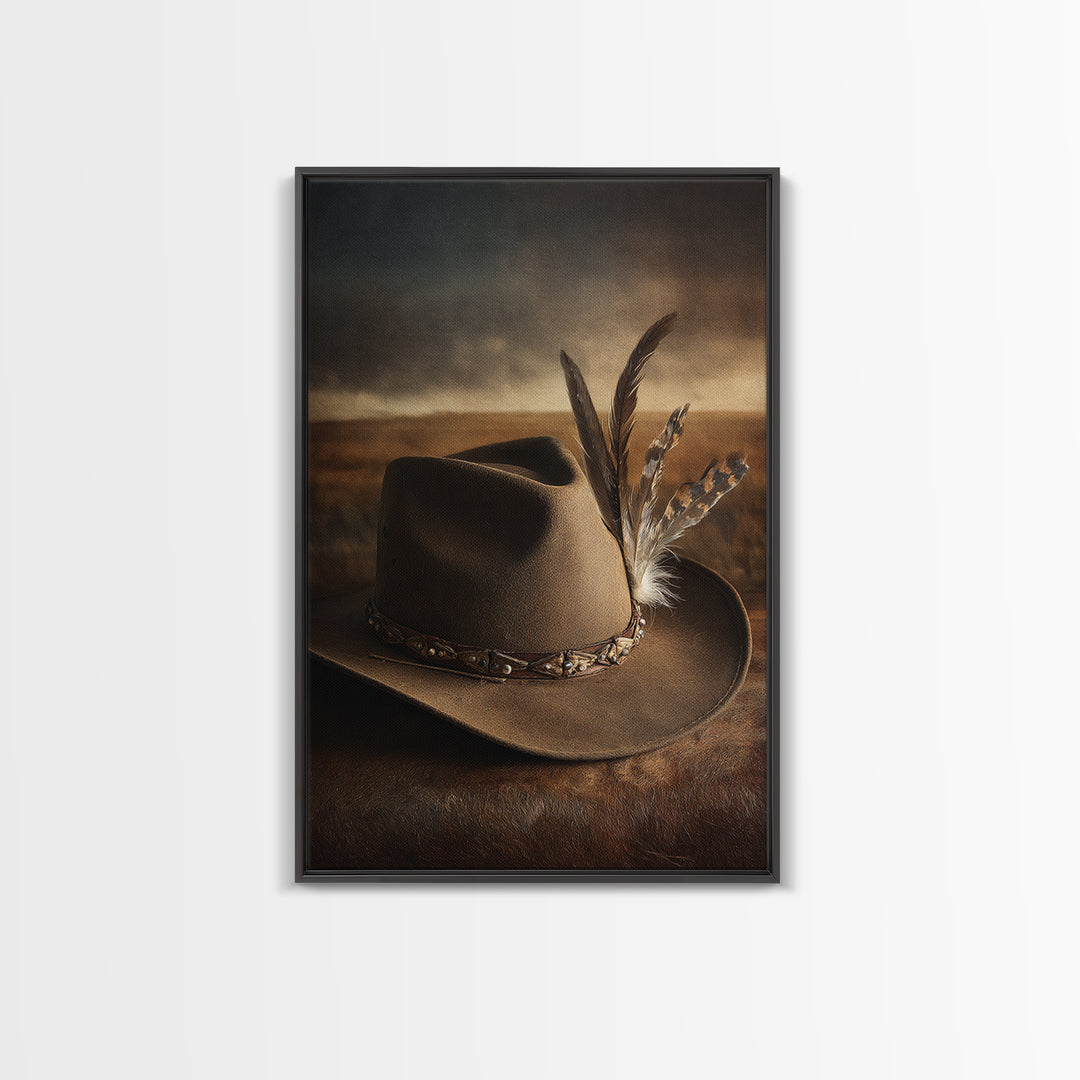 Cowboy Hat with Feathers and Beads Framed Canvas Print, Western Art, Minimalist Decor, Southwestern Decor, Fine Art, Frontier, WES-2x3-6