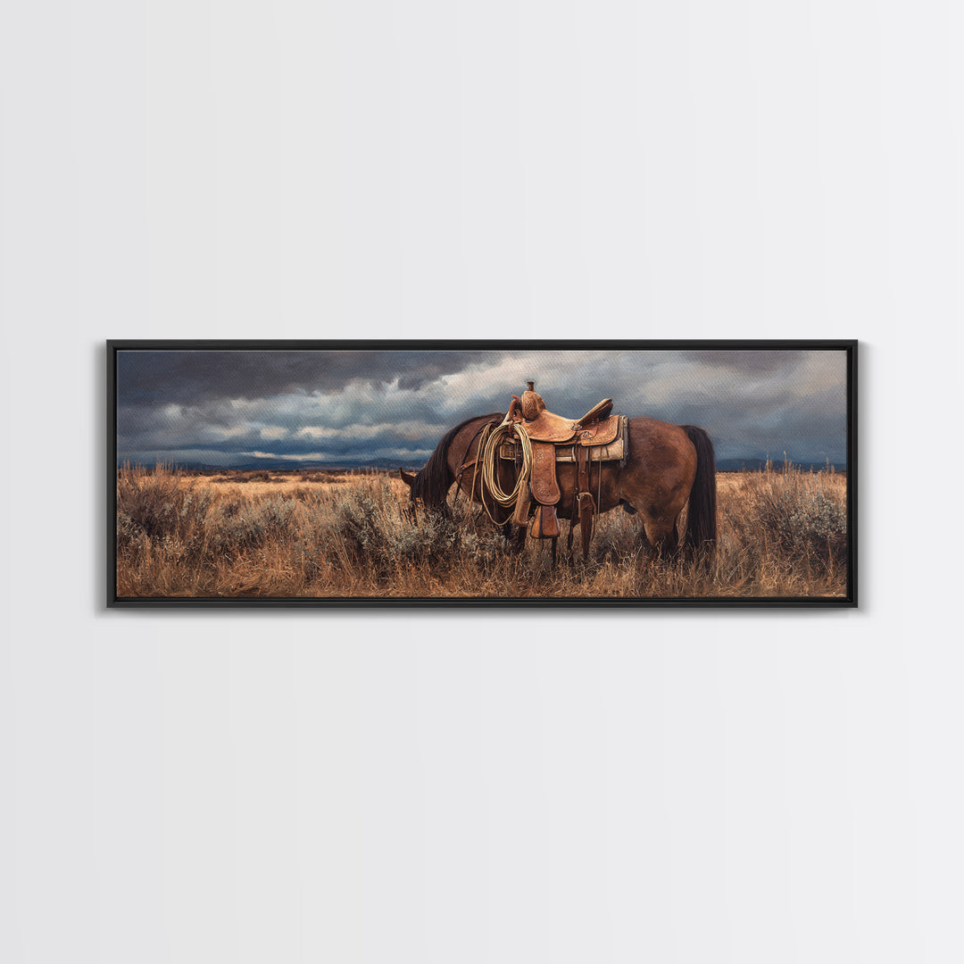 Western Saddle and Rope on Weathered Wood Framed Canvas Print, Western Art, Printable Art, Southwestern Decor, Frontier, WES-3x1-2