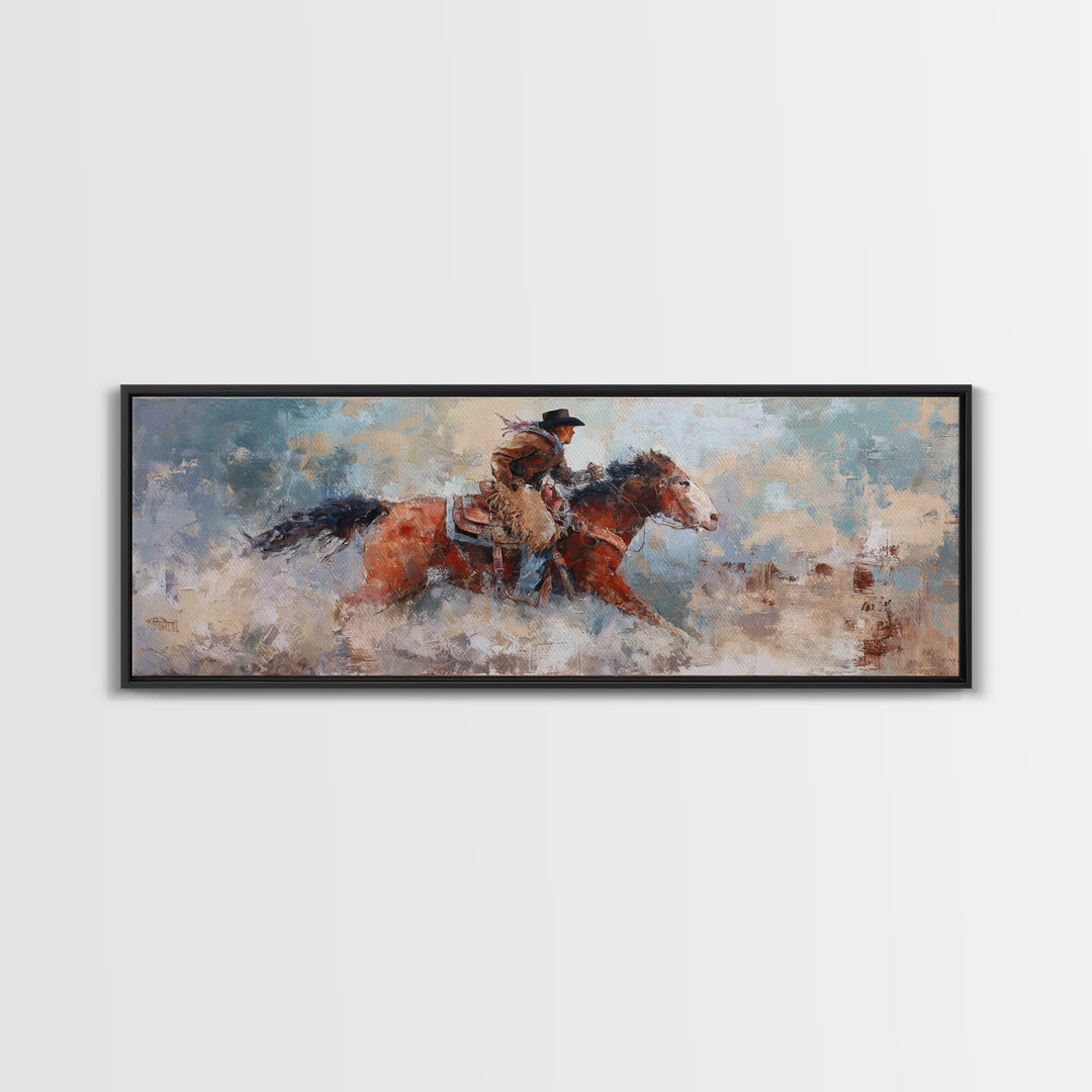 Rodeo Rider Mid Motion Framed Canvas Print, Western Art, Neutral Decor, Southwestern Decor, Fine Art, Frontier, Home Decor, WES-3x1-73