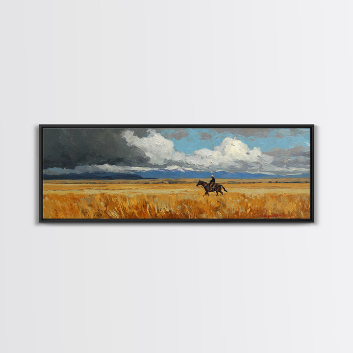 Golden Wheat Field Canvas Print, Western Art, Wall Art, Southwestern Decor, Oil Painting, Frontier, Minimalist Wall Art, WES-3x1-88