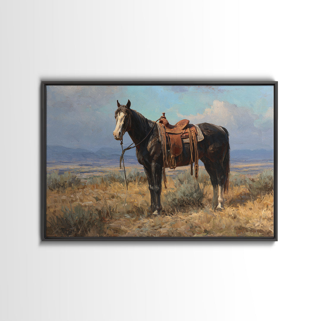 Black Horse Portrait Framed Canvas Print, Western Art, Landscape, Southwestern Decor, Fine Art, Frontier, Modern Decor, WES-3x2-46