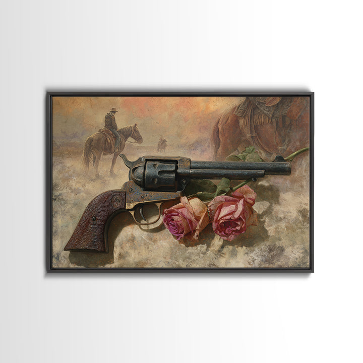 Old Revolver and Roses Framed Canvas Print, Western Art, Oil Painting, Southwestern Decor, Frontier, Digital Download Art, WES-3x2-47