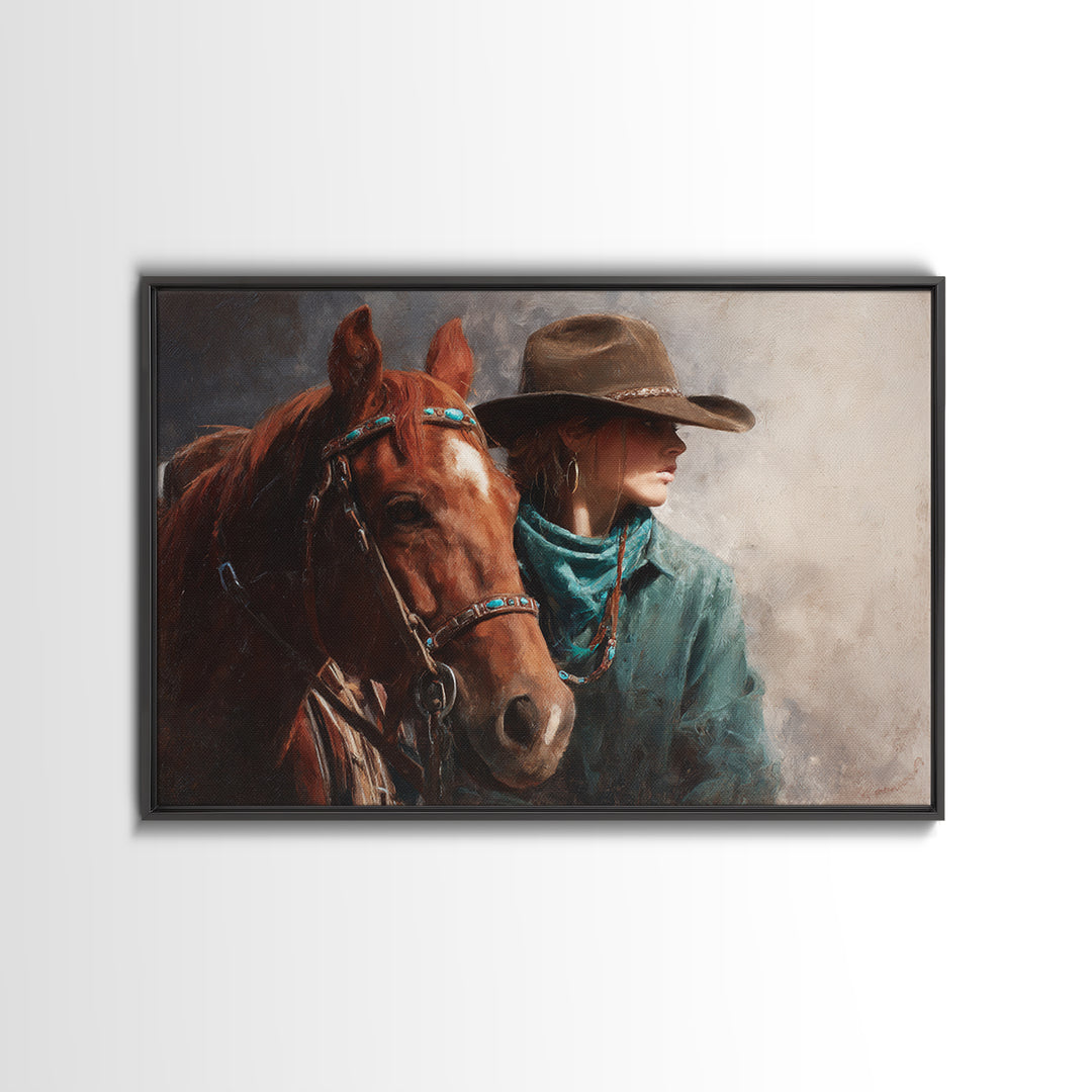 Cowgirl Portrait with Turquoise Jewelry Canvas Print, Western Art, Southwestern Decor, Fine Art, Frontier, Boho Decor, WES-3x2-58