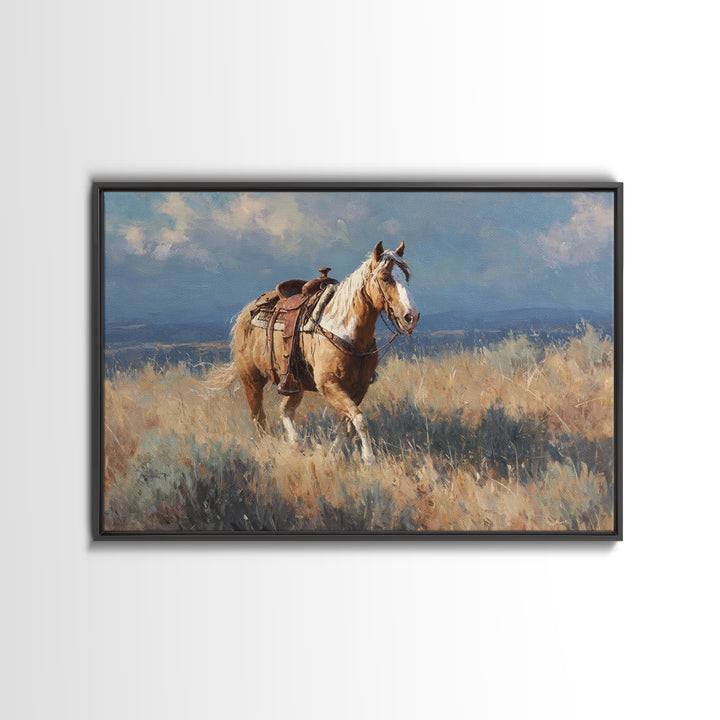 Buckskin Horse in Golden Prairie Light Framed Canvas Print, Western Art, Oil Painting, Southwestern Decor, Frontier, Landscape, WES-3x2-59