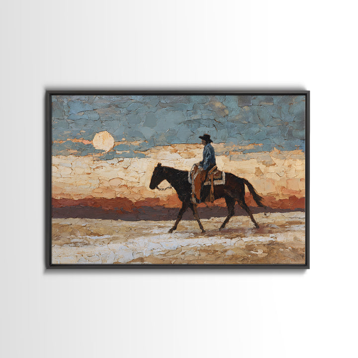 Desert Moon over Lone Rider Framed Canvas Print, Western Art, Western Home Decor, Southwestern Decor, Oil Painting, Frontier, WES-3x2-63