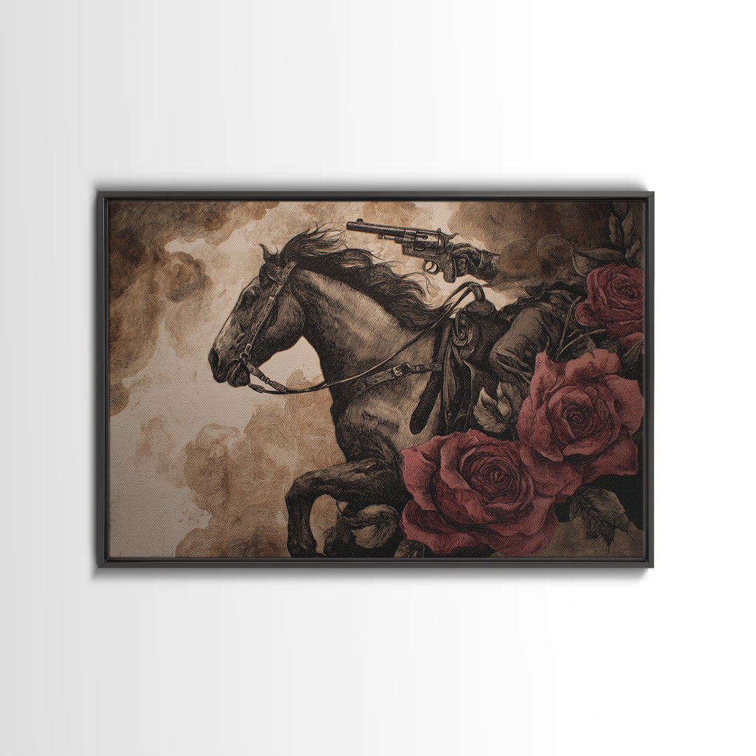 Old Revolver and Roses Framed Canvas Print, Western Art, Printable Art, Southwestern Decor, Frontier, Western Home Decor, WES-3x2-95