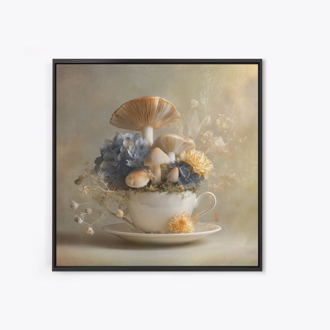 Teacup Garden with Tiny Mushrooms Framed Canvas Print, Whimsical Art, Watercolor Art, Living Room Decor, Fine Art, Wonder, WHI-1x1-100