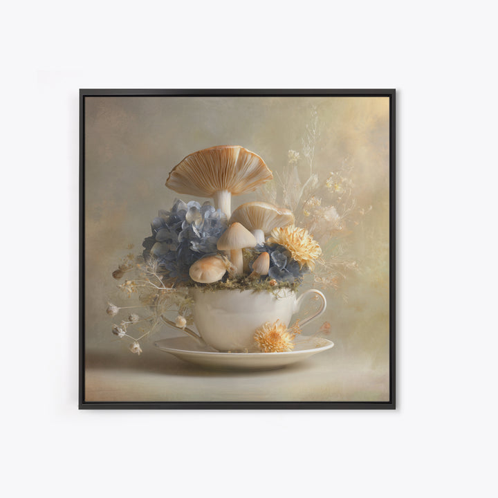 Teacup Garden with Tiny Mushrooms Framed Canvas Print, Whimsical Art, Watercolor Art, Living Room Decor, Fine Art, Wonder, WHI-1x1-100