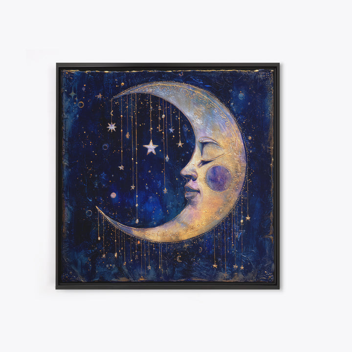 Moon with Sleeping Face and Dangling Stars Framed Canvas Print, Whimsical Art, Printable Art, Living Room Decor, Wonder, WHI-1x1-16