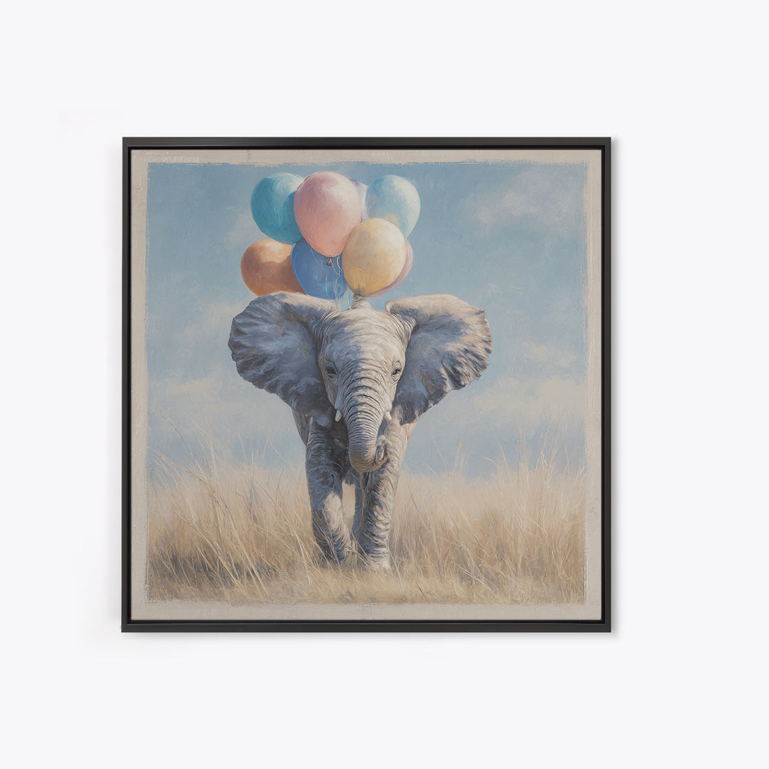 Elephant Holding Balloons Framed Canvas Print, Whimsical Art, Nursery, Living Room Decor, Fine Art, Wonder, Watercolor Art, WHI-1x1-27