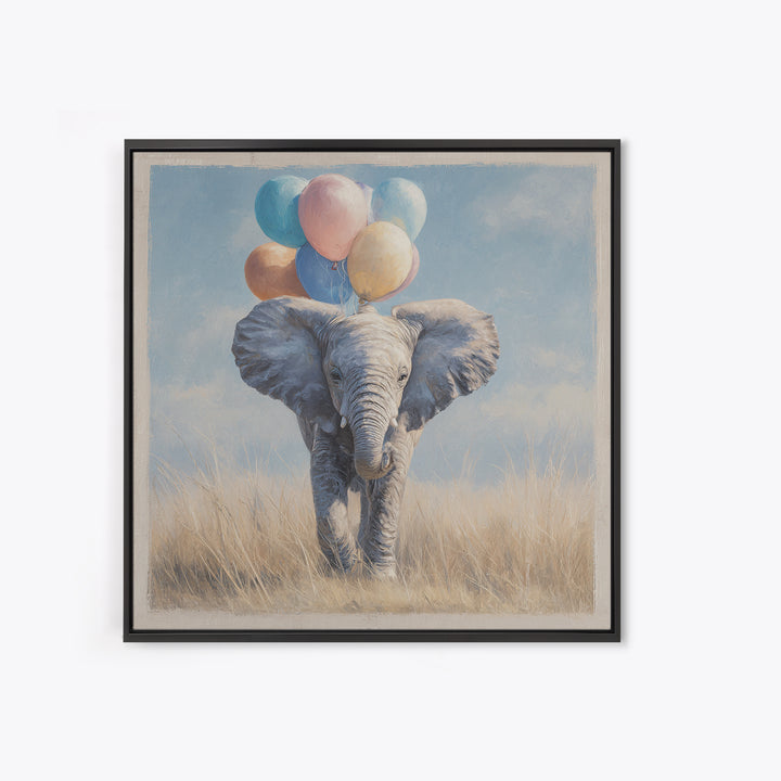 Elephant Holding Balloons Framed Canvas Print, Whimsical Art, Nursery, Living Room Decor, Fine Art, Wonder, Watercolor Art, WHI-1x1-27