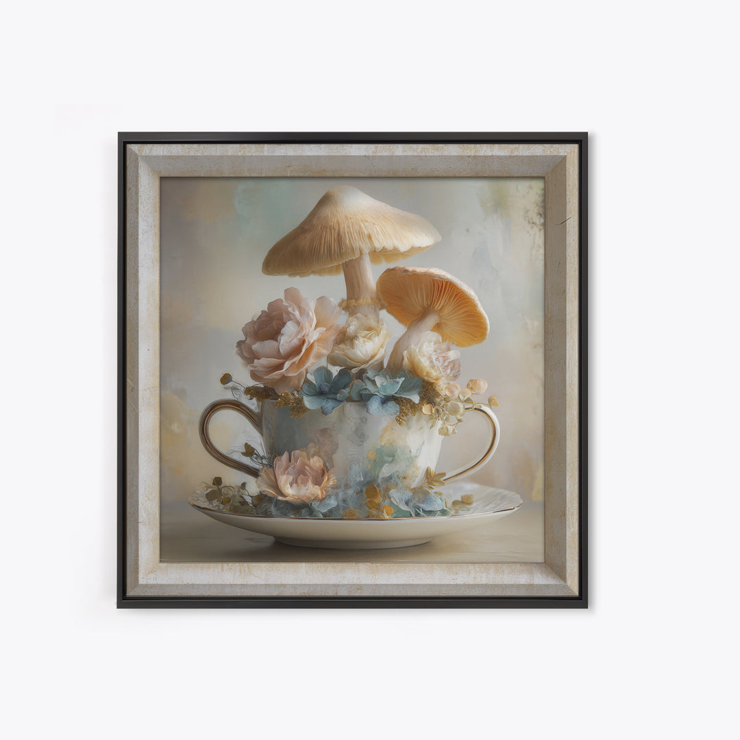 Teacup Garden with Tiny Mushrooms Framed Canvas Print, Whimsical Art, Printable Wall Art, Living Room Decor, Fine Art, Wonder, WHI-1x1-28