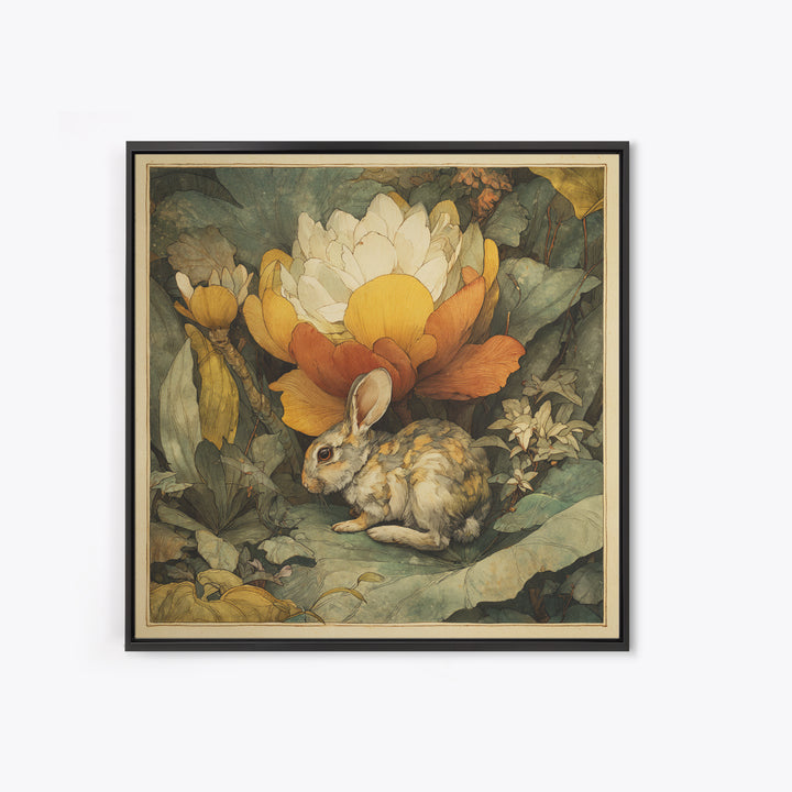 Rabbit Reading Beneath a Giant Flower Framed Canvas Print, Whimsical Art, Textured Painting, Living Room Decor, Wonder, WHI-1x1-29