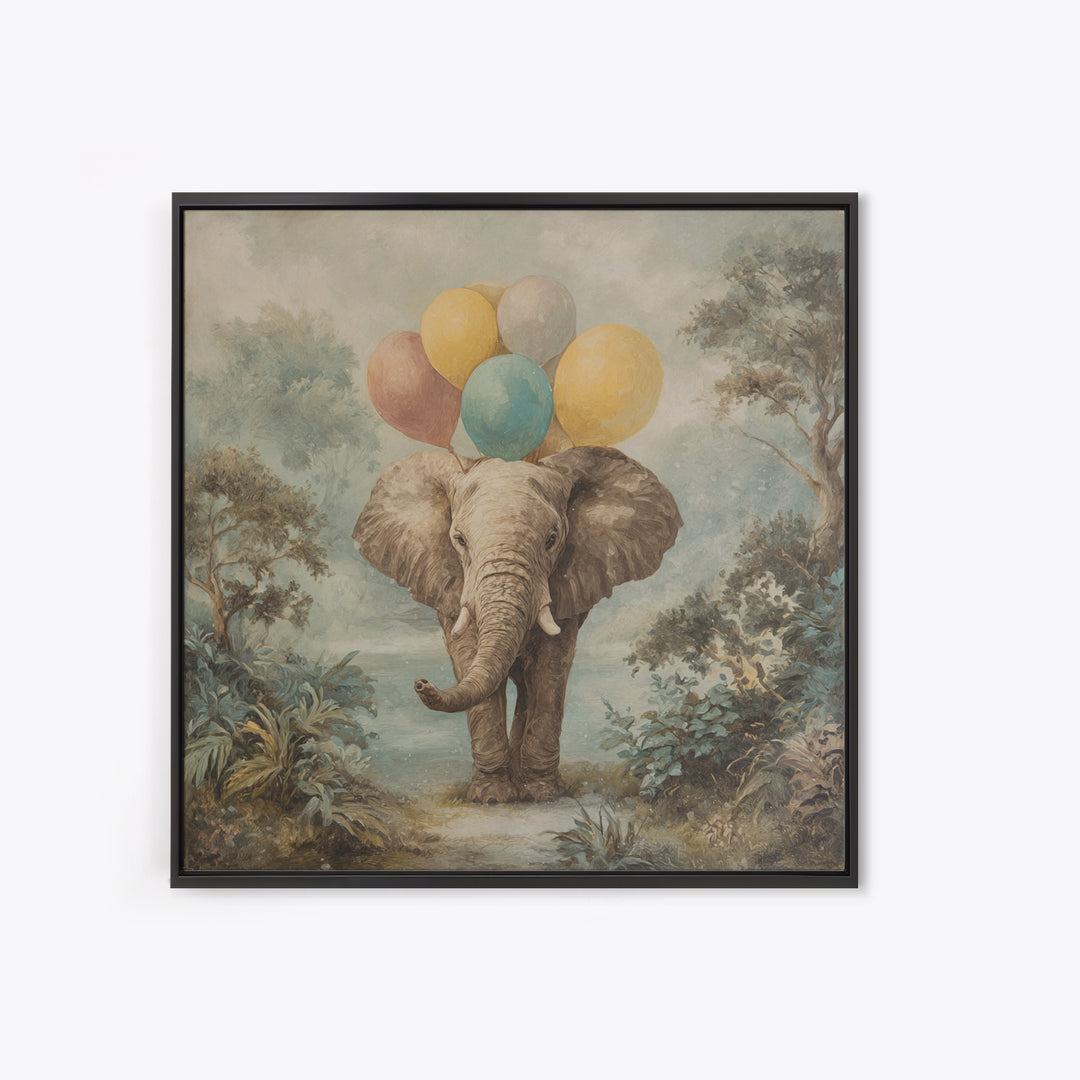 Elephant Holding Balloons Canvas Print, Whimsical Art, Art Nouveau, Living Room Decor, Abstract Art, Wonder, Nursery Wall Decor, WHI-1x1-3