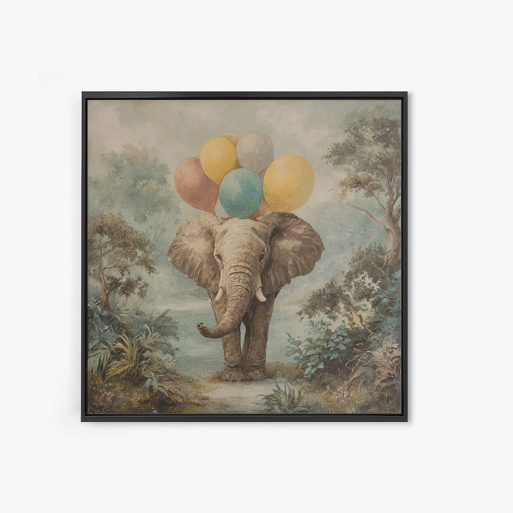 Elephant Holding Balloons Canvas Print, Whimsical Art, Art Nouveau, Living Room Decor, Abstract Art, Wonder, Nursery Wall Decor, WHI-1x1-3