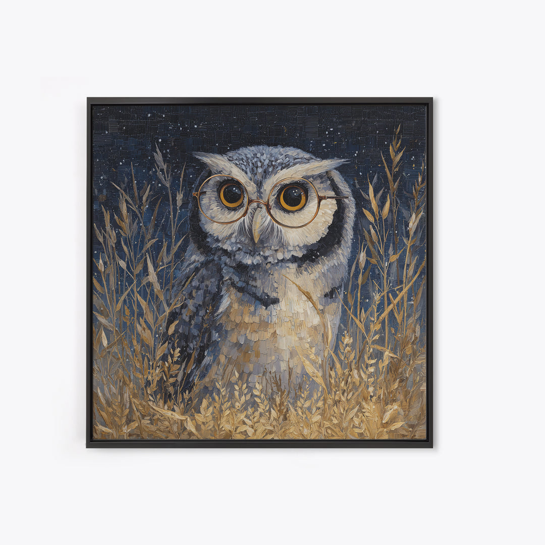 Owl Wearing Spectacles Among Stars Canvas Print, Whimsical Art, Nursery Prints, Living Room Decor, Oil Painting, Wonder, WHI-1x1-30