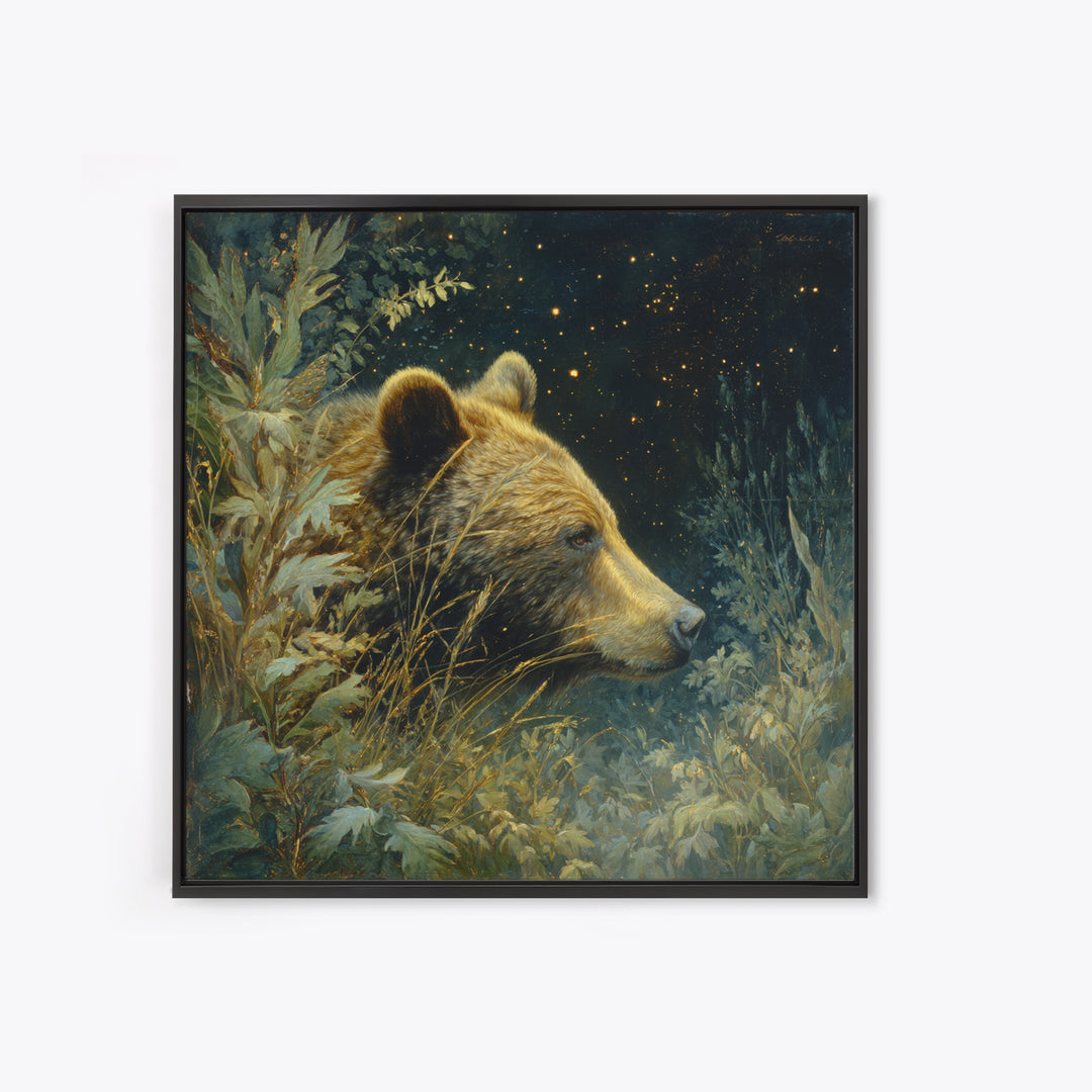 Bear Painting Stars Onto the Night Sky Framed Canvas Print, Whimsical Art, Living Room Decor, Abstract Art, Wonder, WHI-1x1-33