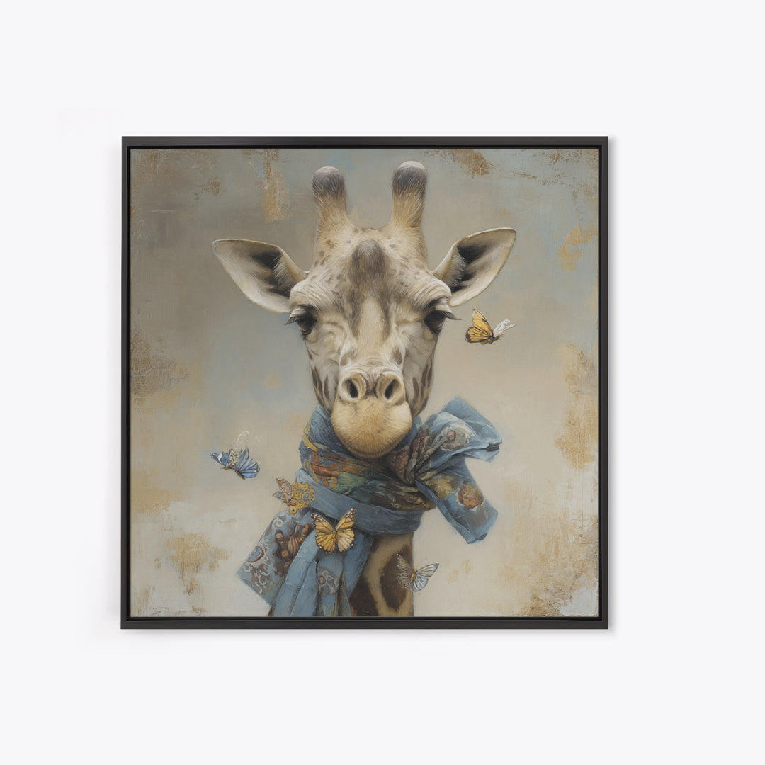 Giraffe with Scarf and Butterflies Framed Canvas Print, Whimsical Art, Watercolor Art, Living Room Decor, Wonder, WHI-1x1-34