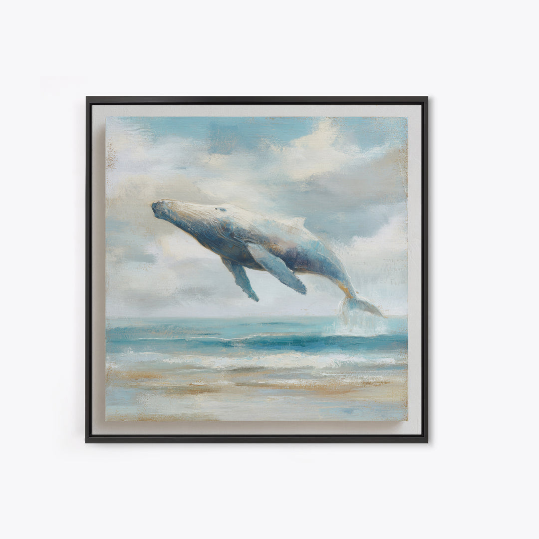 Whale Flying Through Clouds Like Ocean Framed Canvas Print, Whimsical Art, Boho Decor, Living Room Decor, Fine Art, Wonder, WHI-1x1-37