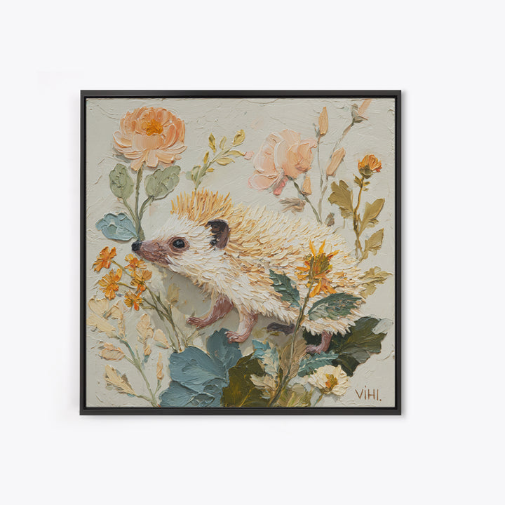 Hedgehog Carrying Wildflowers Framed Canvas Print, Whimsical Art, Dark Academia Decor, Living Room Decor, Fine Art, Wonder, WHI-1x1-39